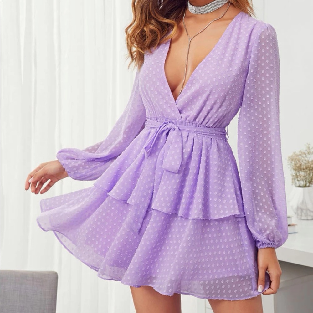 NWOT: BEAUTIFUL layered lilac mini dress with tie for waist